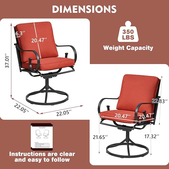 MELLCOM Patio Swivel Chairs Set of 4, Heavy Duty Outdoor Dining Chairs with Thickened Cushions, Metal Patio Chairs Gentle Rocker for Outside, Backyard, Red