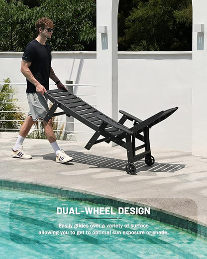 Lounge Chair Outdoor, Chaise Lounge Outdoor, HDPE 6-Position Lounge Chair for Outside, Patio Lounge Chair with Wheels & Cup Holder for Pool Poolside Deck Backyard, Black