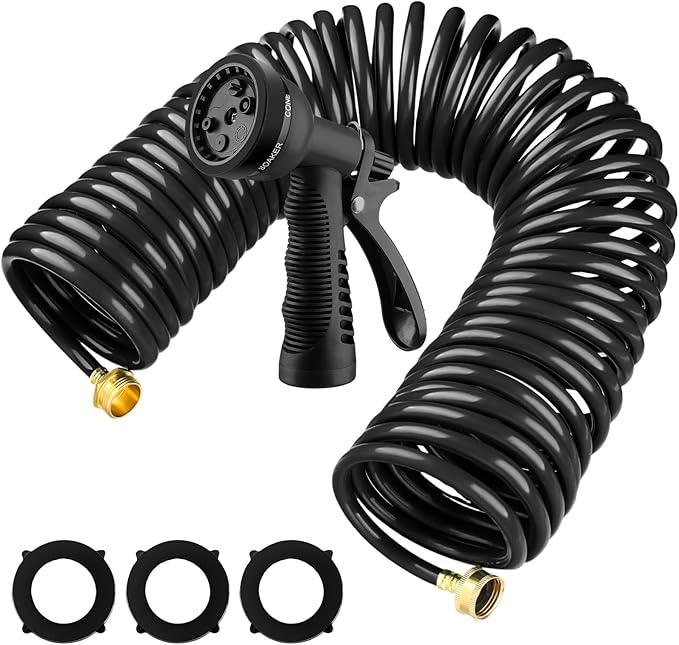 Pangda 25 Ft x 3/8'' Coil Garden Hose EVA Recoil Garden Self Coiling Expanding Water Hose with 6 Function Spray Nozzle Universal 3/4'' Brass Connector Fitting for Outdoor Yard(Black)