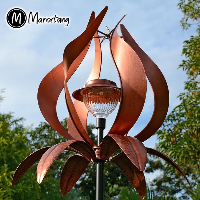 Solar Wind Spinner Outdoor Metal 83 Inch Windmill for Yard Garden Patio Decor Metal Yard Art Garden Art Easter Outdoor Decors Large Landscape Light with Shepherd Hooks Coconut Baskets