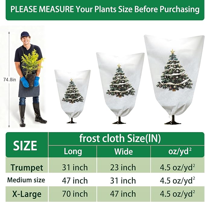 2-Pack Plant Covers Freeze Protection,23" W x 31" L Thick Frost Cloth with Christmas Element, Tree Wrap for Winter with Zipper Drawstring Protect Your Plants