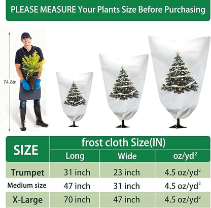 2-Pack Plant Covers Freeze Protection, 31" W x 47" L Thick Frost Cloth with Christmas Element, Tree Wrap for Winter with Zipper Drawstring Protect Your Plants