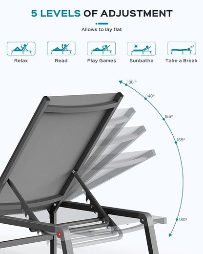 Patio Chaise Lounge Chair, Foldable Lounge Chair for Outside, Aluminum Chairs Set of 2 with 5 Adjustable Backrest, Outdoor Pool Lounger for Poolside, Lawn, Deck, Grey