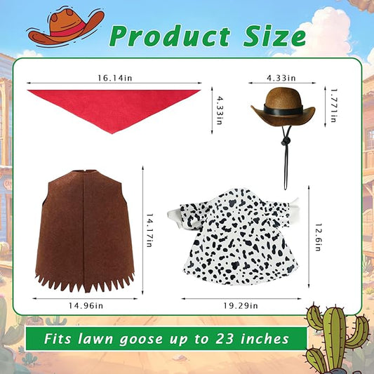 Western Cowboy Porch Goose Outfits for 23" Lawn Statues, Cute Cowboy Hat, Triangular Scarf & Clothes Set for Concrete/Plastic/Cement Goose, Western Theme Costume for Outdoor Patio, Yard Decor