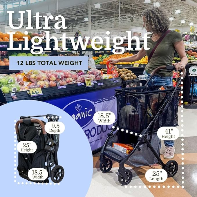 Strolee Personal Luxury Folding Shopping Cart On Premium Wheels – Ultra Lightweight Aluminum Frame – Removable Shopping Bag with Carry Strap & Lower Grocery Storage 75Lbs Capacity (Shadow v2)