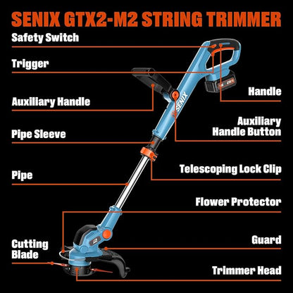 SENIX 20V 12" String Trimmer and Edger, 10'' Plastic Blades Weed Wacker, Telescopic Shaft, w/2.0Ah Battery & 2A Charger