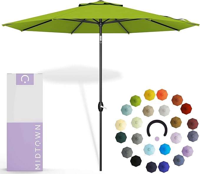 Midtown Umbrellas 10-Year-No-Fade - 9 Ft - UV Proof Pear Green Polyester Fabric - Umbrella Outdoor Patio, Auto-Tilt Aluminum Frame Patio Umbrella for Garden, Pool & Deck - Black Pole
