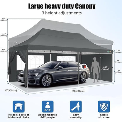 COBIZI 10x20 Pop Up Canopy with 6 Sidewall, Commercial Canopy UPF 50+ Waterproof Outdoor Gazebo with Carry Bag, Tents for Parties with Upgrade Frame, 3 Height Adjustable, Gray