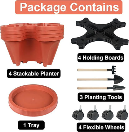 Vertical Planter 4 Tier Stackable Planters Garden Planters Strawberry Herb Flower and Vegetable Planter Indoor Outdoor Gardening Pots with Removable Wheels and Tools