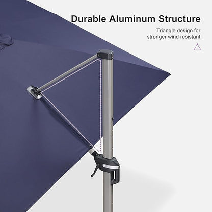 PURPLE LEAF 10' X 13' Patio Umbrella, Rectangle Outdoor Cantilever Umbrella, Aluminum Offset Umbrella with Champagne Frame and 360° Rotation for Pool Deck Garden, Navy Blue