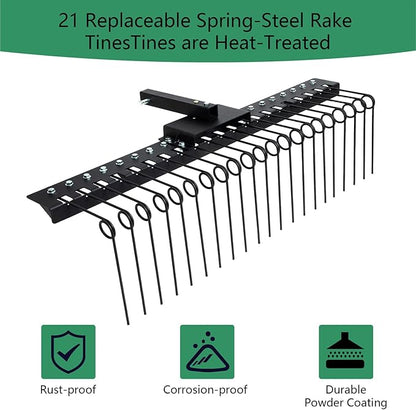 5FT Durable Pine Straw Rake Steel Spring Landscape Rake Fits 2" Receiver for Lawn Tractors or ATV/UTV，Black