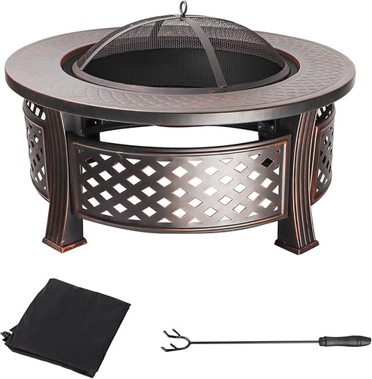 32-Inch Round Fire Pit Table, Metal Wood Burning Fireplace/Firepit with Fire Grate, Spark Screen Lid, Steel Bowl, Poker