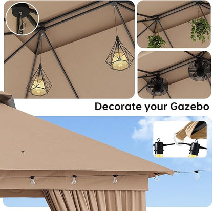 Outdoor Gazebo Metal Frame Patio Pergola Double Roofs Patio Canopy with Double-Layer Door and Mosquito Netting for Deck, Backyard, Lawn (Beige, 10x12FT)