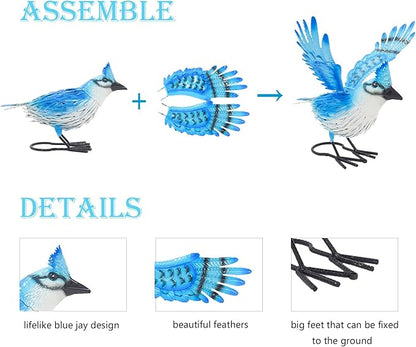 9.5" Blue Jay Garden Decor, Hand-Painted Metal Bird Sculpture, Weatherproof Yard Art for Patio, Farmhouse Spring Gift