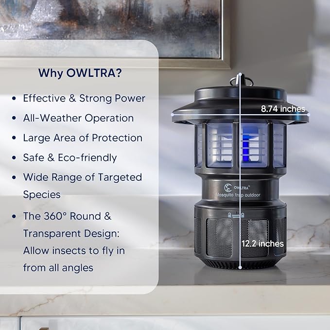 OWLTRA OMT-L20 Indoor & Outdoor Electric Insect Trap, Catcher & Killer Lamp for Mosquitoes, Biting Flies, Wasps, Moths, Sink Bugs, No-See-Ums and More with Light Attraction and Fan Suction, Gray