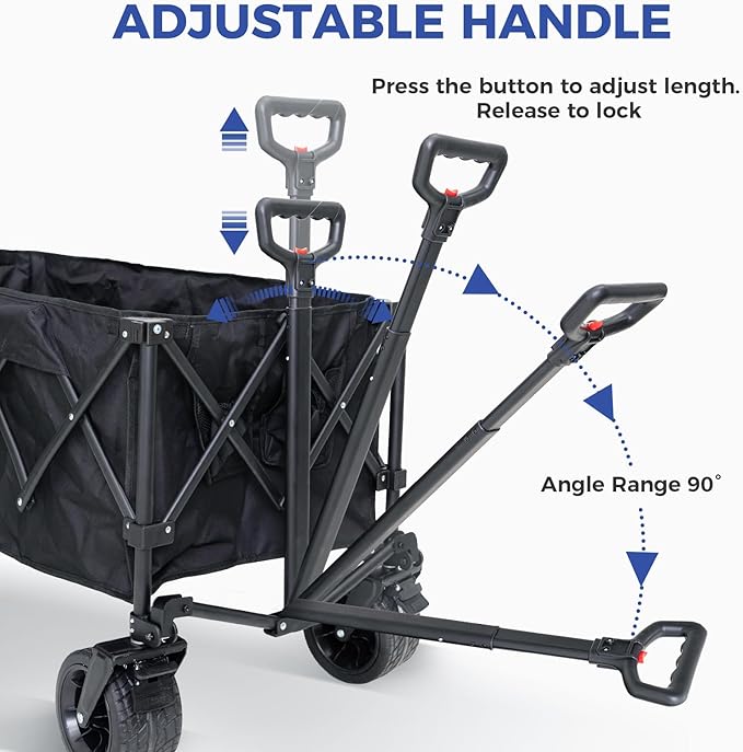 FUNDANGO 600lbs Heavy Duty Wagon, Foldable Beach Collapsible Wagons Garden Cart with Brakes, Side Pockets & All-Terrain Big Wheels for Sports Camping Shopping Groceries, Black
