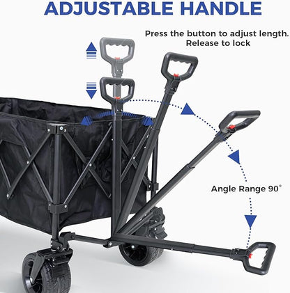 FUNDANGO 600lbs Heavy Duty Wagon, Foldable Beach Collapsible Wagons Garden Cart with Brakes, Side Pockets & All-Terrain Big Wheels for Sports Camping Shopping Groceries, Black