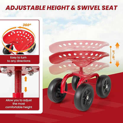 LDAILY Garden Seat with Wheels, Heavy-Duty Utility Stool Cart with Adjustable 11"-16" Height & 360° Rotatable, Rolling Garden Cart with Seat for Lawn Planting, Yard Work, Patio Gardening (Red)
