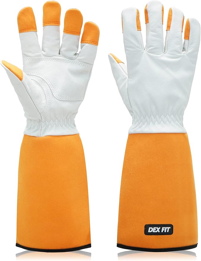 DEX FIT FG310 Gardening Gloves for Women & Men, Long Thorn Proof Leather Sleeves Protection, Comfortable, Durable for Cactus, Rose Bush Pruning and Garden and Yard Work; Orange L (9) 1 Pair