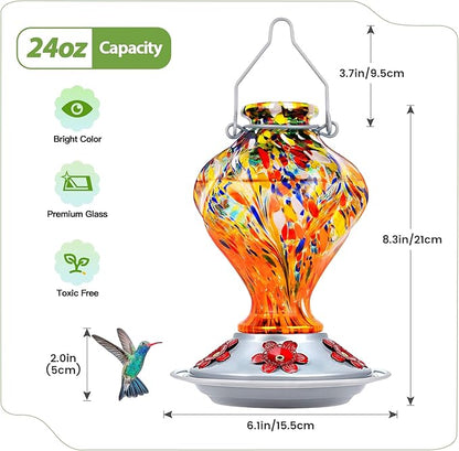 Hummingbird Feeders for Outdoors Hanging, BOLITE Glass Hummingbird Feeder, Hand Blown Twisted with Ant Moat and Five Feeding Ports, 24 Ounces, Leak Proof, Orange, Gifts for Women Men