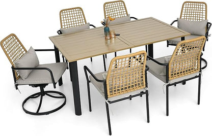 Rattan Patio Chairs and Rectangle Table Set of 6 with 63"x38" Handpainted Table and Swivel, Stackable Chairs All-Weather for Outdoor, Balcony, Backyard, Deck