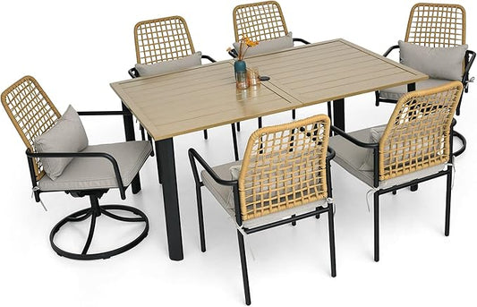 Rattan Patio Chairs and Rectangle Table Set of 6 with 63"x38" Handpainted Table and Swivel, Stackable Chairs All-Weather for Outdoor, Balcony, Backyard, Deck