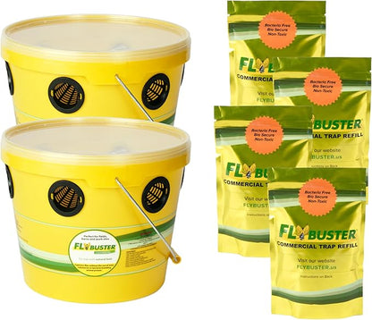 Flybuster Fly Trap | Outdoor Device for Catching Flies | 10-Liter Commercial Size (2-Pack) | Comes with Two Flytraps and 4 Bait Packets | 2,000,000 Fly Capacity | Non-Toxic | Child & Pet Safe
