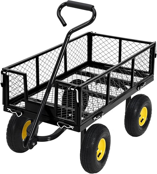 Heavy Duty Steel Garden Cart, 550 LBS 3 in 1 Pullable Metal Garden Wagon with 10" Wheels, 180° Rotating Handle and Removable Sides for Farm, Yard