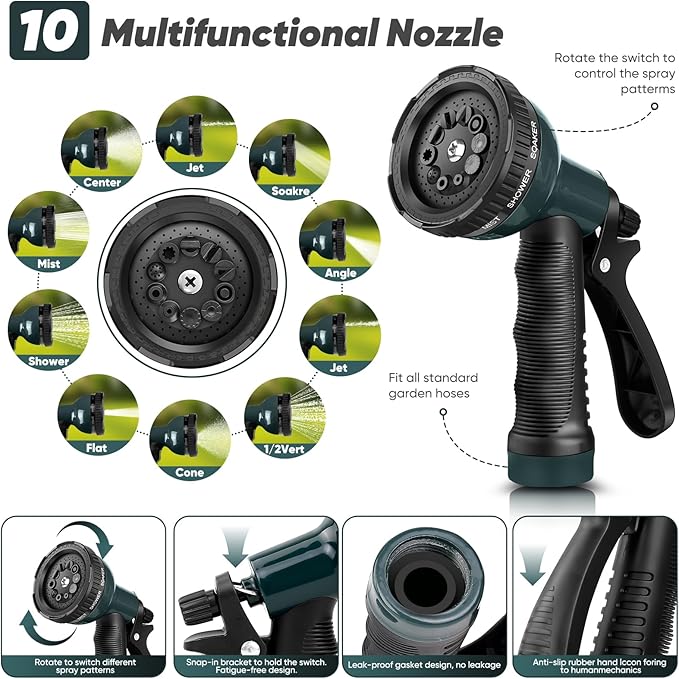 Garden Hose with 10-Function Nozzle, Leak-proof Metal Connector Hose, No Knots, Kink-Free, Lighter, Anti-Pets, Wear-Resistant, 3/4 GHT, Water Hose for Garden, Yard, Outdoor（75 FT）