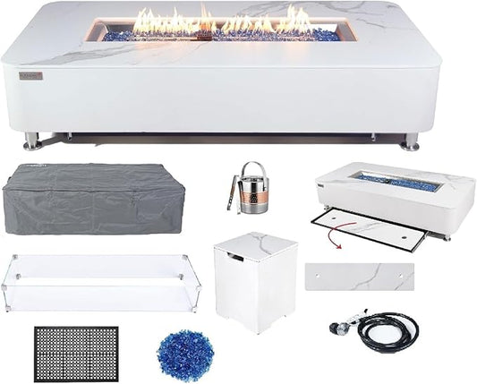 Elementi+ | Bundle Athens Gas Fire Pit | Concrete Body & Marble Porcelain Top | 62" Rectangular Fire Table | Electronic Ignition | Canvas Cover, Fire Glass, Burner Lid & More | White | Propane Gas