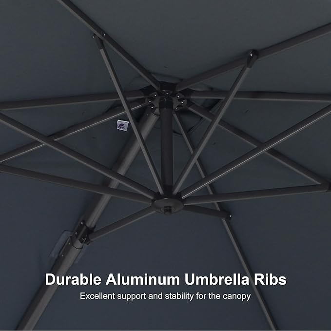 PURPLE LEAF 8' X 8' Patio Umbrella with Base for Pool 7' High Offset Outdoor Cantilever Umbrella Swimming Pool Umbrella with 360°Rotation for Poolside Light Grey