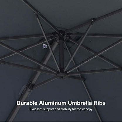 PURPLE LEAF 8' X 8' Patio Umbrella with Base for Pool 7' High Offset Outdoor Cantilever Umbrella Swimming Pool Umbrella with 360°Rotation for Poolside Light Grey