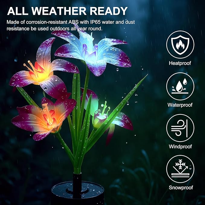Solar Flowers Lights - Upgraded Outdoor Lily Flowers Lights, 7-Color Changing & Waterproof Outdoor Solar Lights for Garden, Patio, Backyard,Party and Office (Lily, 2)