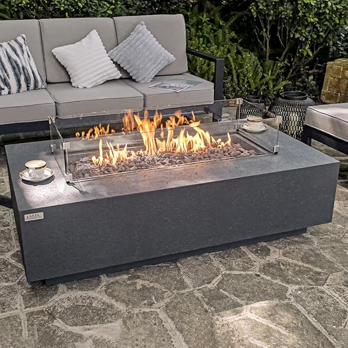 AMS Creations | Madison 60" Bundle Rectangular Propane Gas Outdoor Fire Pit Table | Dark Gray Concrete GFRC | Limestone Texture or Surface | Electronic Ignition | Outside Backyard Fireplace