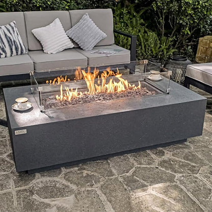 AMS Creations | Madison 60" Bundle Rectangular Propane Gas Outdoor Fire Pit Table | Dark Gray Concrete GFRC | Limestone Texture or Surface | Electronic Ignition | Outside Backyard Fireplace
