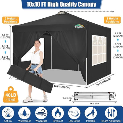COBlZI 10x10 Pop Up Canopy Tent with 4 Removable Sidewalls，One Push Setup Waterproof Commercial Gazebo Tent with Air Vent, 4 Sandbags，4 Stakes & 8 Ropes（Tents for Party/Exhibition-Black