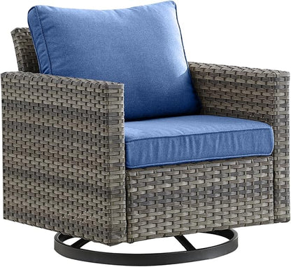 Outdoor Patio Swivel Rocker Chairs - Single Wicker Patio Swivel Rocking Chair with Waterproof Wicker,Comfortable Cushions and Sturdy Metal Frame for Outside Porch Deck Backyard(Mixed Grey/Blue/1PC)