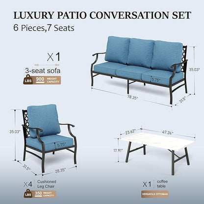 HERA'S HOUSE 6 Piece Patio Furniture Set, 4 x Fixed Metal Cushioned Chair, 1 x 3-Seat Sofa with Marbling Coffee Table, All Weather Outdoor Conversation Set for Lawn Garden Backyard, Navy Blue