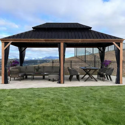 PURPLE LEAF 14' X 20' Outdoor Hardtop Gazebo for Patio Galvanized Steel Double Roof Permanent Canopy Teak Finish Coated Aluminum Frame Pavilion Gazebo with Netting