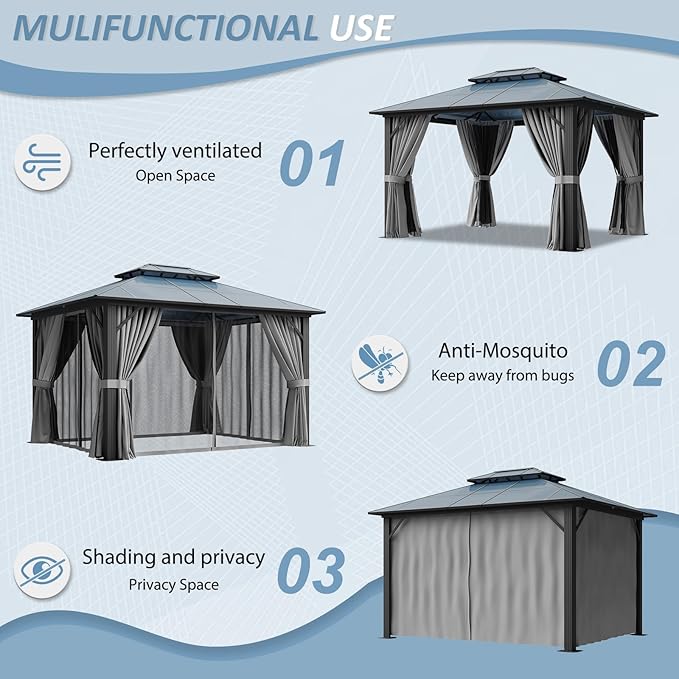 Aoxun 10'x12' Hardtop Gazebo, Aluminum Framed Outdoor Gazebo with Double Polycarbonate Roof, Durable Pavilion with Curtains & Netting for Patio, Garden, and Lawn
