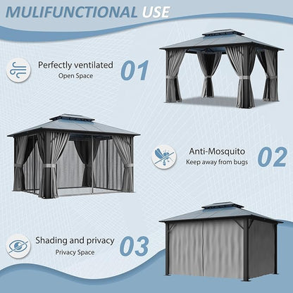 Aoxun 10'x12' Hardtop Gazebo, Aluminum Framed Outdoor Gazebo with Double Polycarbonate Roof, Durable Pavilion with Curtains & Netting for Patio, Garden, and Lawn