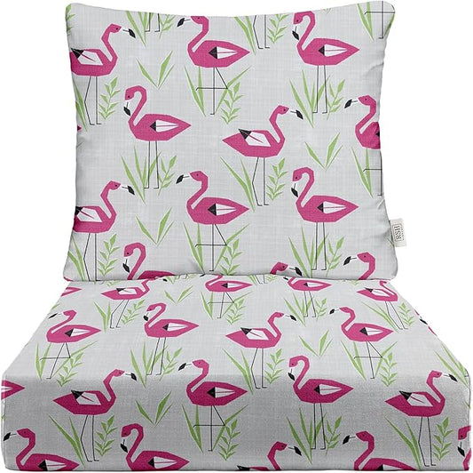 RSH DECOR Deep Seating Cushion with Pillow Back | 25” x 25.5” Seat | Water and Fade-Resistant Spun Fabric | Outdoor Chair Cushion Set for Patio Furniture | Groove Fusion Pink Flamingo