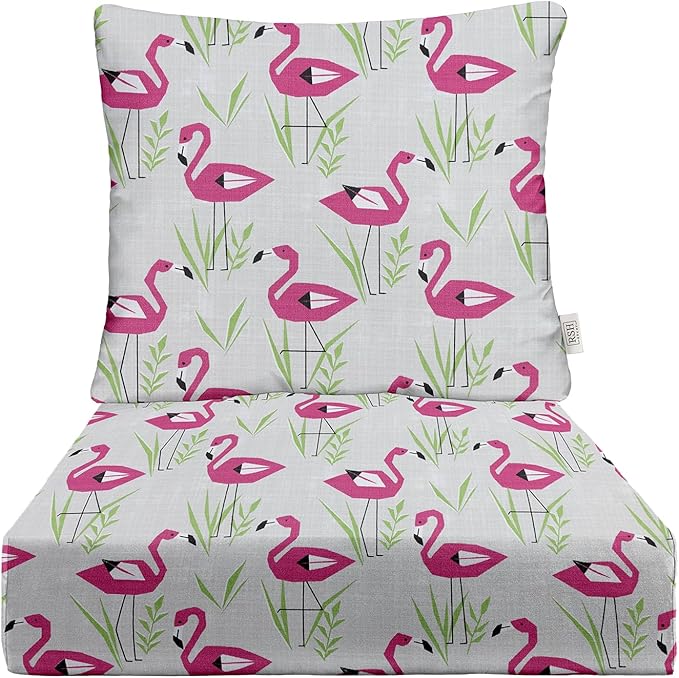 RSH DECOR Deep Seating Cushion with Pillow Back | 24” x 23” Seat | Water and Fade-Resistant Spun Fabric | Outdoor Chair Cushion Set for Patio Furniture | Groove Fusion Pink Flamingo