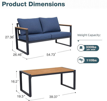 Outdoor Furniture Set, Patio Loveseat and Coffee Table, Outdoor Conversation Chair Sets for Balcony Backyard Park Garden, Blue