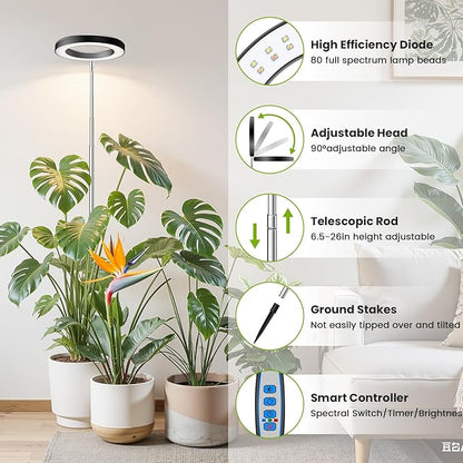 Black Grow Light, Full Spectrum LED Plant Lights for Indoor Growing with 6/12/16H Timer, 3 Color Modes, 5 Brightness, 10"-65" Height Adjustable Plant Grow Lamp for Large Indoor Plants