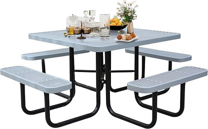 46Inch Square Picnic Table for 8 Person, Outdoor Heavy Duty Sturdy Picnic Tables with 4 Benches & Umbrella Hole, Commercial Metal Patio Picnic Table for Garden, BBQ, Coffee Store, Party, Porch (Grey)