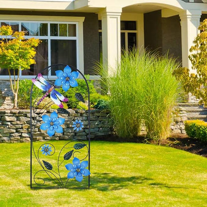Garden Decor for Outside, YEAHOME 34 Inch Decorative Garden Stakes with Flowers Dragonflies, Metal Spring Yard Decorations for Outdoor Patio Lawn Backyard Blue