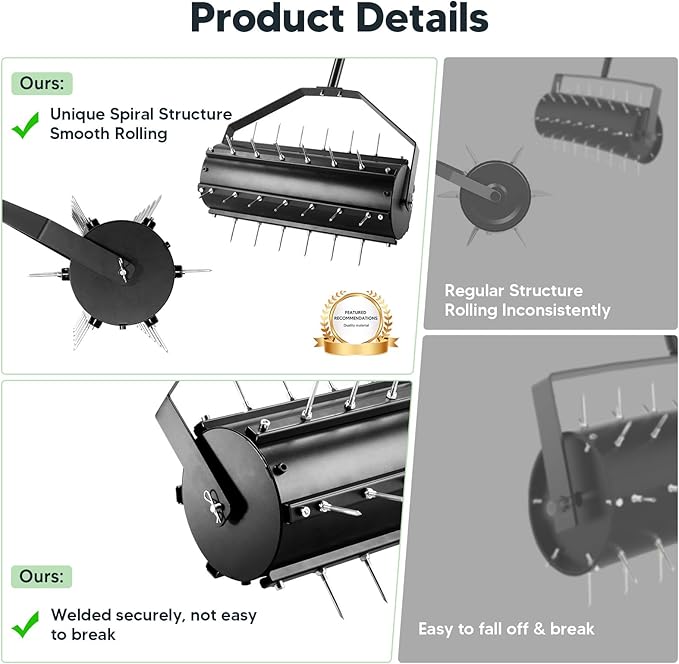 Uranshin Rolling Lawn Aerator Tool, Heavy Duty Manual Push Aerator Lawn Tool with 39 Pre-Attached Spikes and 70" Adjustable Handle, Lawn Spike Aerator Roller Suitable for Lawn, Garden and Yard