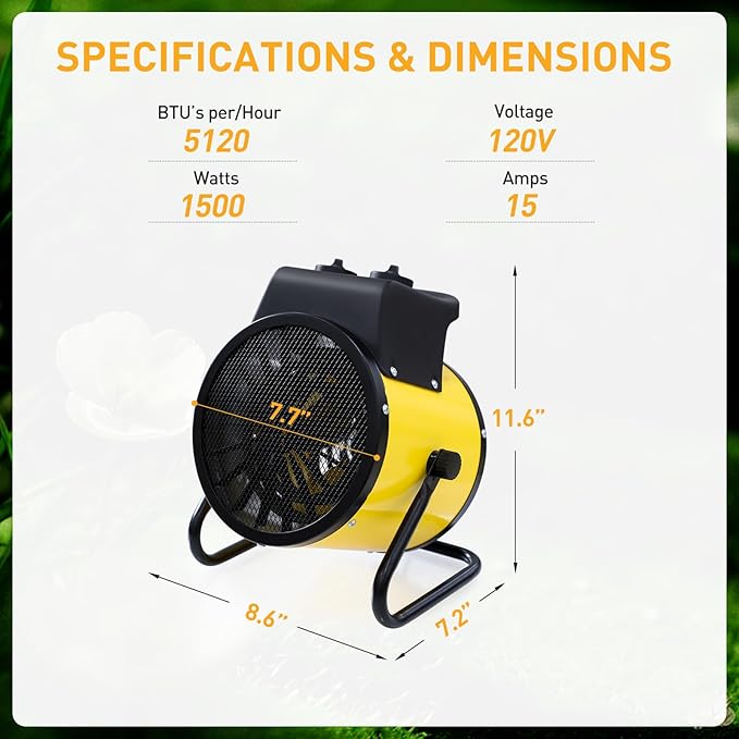 Portable Greenhouse Heater, Overheat Protection, 1500W Radiant Electric Heater for Indoor and Outdoor Use, Garage, Grow Tent, RV, IPX4 Water Resistant, 1 Piece, Yellow