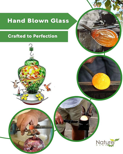 Nature Gear Hummingbird Feeder, Hanging-Mount Glass Hummingbird Feeders for Outdoors, Hand-Blown Glass Feeder with Ant Moat for Garden Hummingbirds, Easy to Clean & Rust Resistant, Emerald Green
